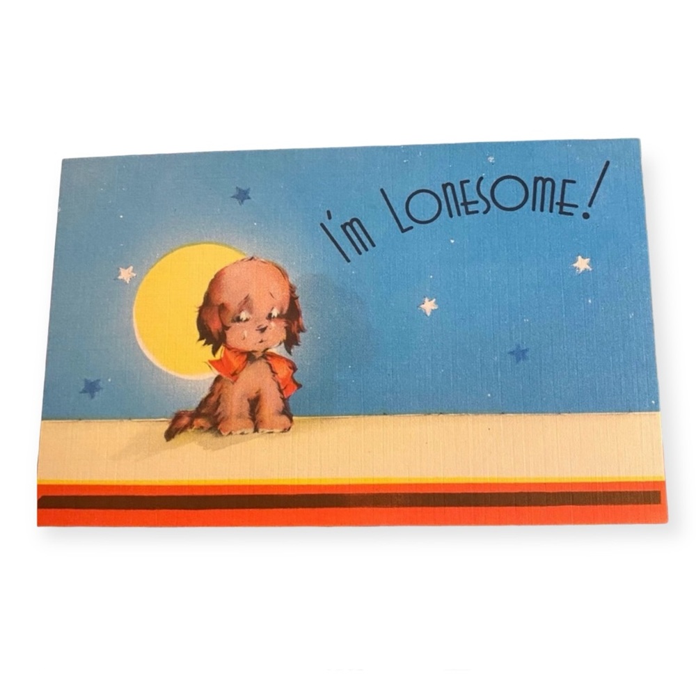 Vintage 1940’s Linen Romantic Unused Postcard, “I’m Lonesome” , 1940’s Kitch